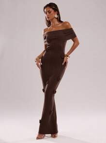 SHEIN BAE Sexy Women's Solid Color Off-Shoulder Semi-Sheer Dress - Coffee Brown - View 4