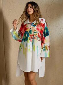 SHEIN MOOSTA فستان قميص كاجوال مطبوع بطباعة رقمية ثلاثية الأبعاد بزهور للنساء ذوات الأحجام الكبيرة للشاطئ والعطلات