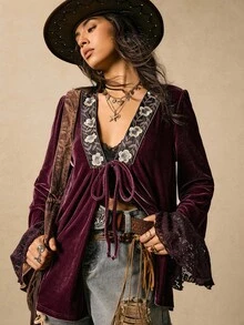 Easelle Vintage Nomadic V-Neck Tie-Up Rose Lace Patchwork Flare Sleeve Loose Women Thin Jacket Western Boho Bohemian Clothes For Women Women Western Wear Free People Witchy Clothes Boho Women S Western Wear Velvet Kimono Jacket Fall Clothes Women Lace Boho Top Velvet Boho Top Bohemian Tops For Women Boho Tops For Women Boho Blouses For Women, - Multicolor - View 7