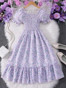 女童花卉印花蝴蝶结装饰短袖连衣裙