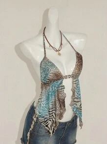 SHEIN ICON 女式豹纹不对称下摆无袖上衣，复古豹纹露背吊带背心 - 彩色 - 查看 8