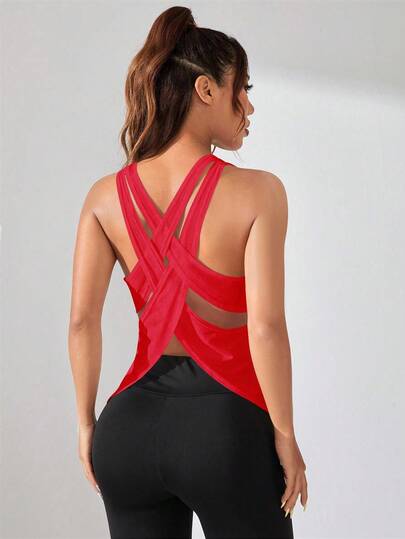 Eassivo Eassivo Women's Solid Color Criss-Cross Backless Fitness Workout Tank Top Red Women Criss Cross Open Back Gym Tops Gym Workout Summer Modest Sporty