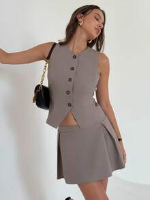 Aloruh Solid Color Round Neck Front Button Sleeveless Top And Mini Skirt Elegant 2 Pieces Set In Fall/Winter