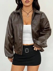 SHEIN PETITE Women's Solid Color Drop Shoulder Long Sleeve Zipper Front PU Leather Casual Jacket Brown Leather Jacket In Fall/Winter,Brown Jacket - Brown - View 1