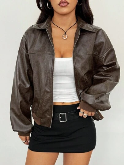 SHEIN PETITE 女士纯色落肩长袖拉链前开襟 PU 皮革休闲夹克 秋冬棕色皮夹克