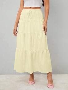 SHEIN Tall 女士纯色高腰系带荷叶边下摆长裙 - 黃色 - 查看 6