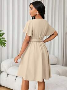 Eryvara 女士优雅纯色A字连衣裙，夏季 - 卡其色 - 查看 2