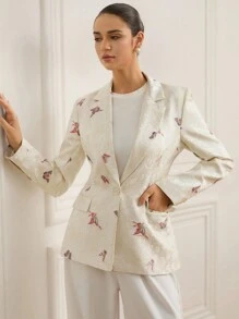 GENKIRA Chaqueta de traje de negocios ajustada con textura y un solo botón - Albaricoque - Ver 5