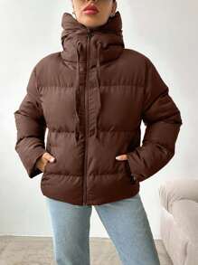 EURMUSE Áo khoác mùa đông có mũ trùm đầu, dây rút, chần bông dành cho nữ - màu nâu - Xem 6