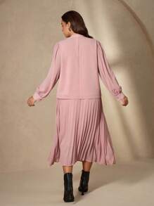 Chikora 大码纯色蝴蝶结装饰长袖上衣和百褶裙两件套女式百褶裙套装粉色百褶裙长袖粉色衬衫百褶中长裙粉色连衣裙女式粉色套装秋季服装大码商务休闲女式办公室服装女士工作服女士工作服 - 藕粉色 - 查看 4