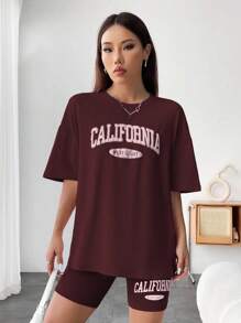 Gowayae Gowayae 2pcs Set Letter Print Crew Neck Short Sleeve T-Shirt And Shorts, Casual - Red Violet - View 5