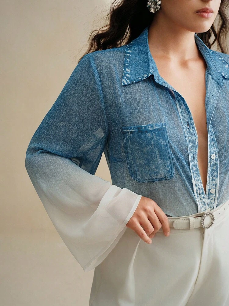 Women's Long Sleeve Ombre Blue Chiffon Blouse, Elegant & Stylish