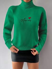 EURMUSE 字母和愛心圖案高領落肩袖套頭毛衣 - 綠色 - 查看 5