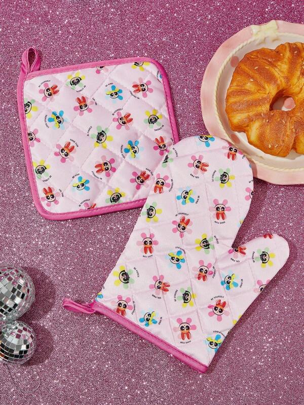 THE POWERPUFF GIRLS X SHEIN Blossom, Bubbles, Buttercup Pattern Cute Kitchen Baking Heat Insulation Products, 2 Options: Gloves/Mat, Oven-Friendly, Thickened Cotton Padding To Insulate Heat,Y2K