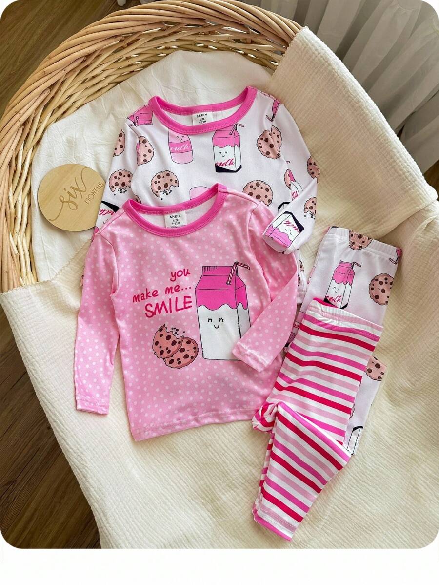 Bộ đồ ngủ dài tay cổ tròn mềm mại và ấm áp họa tiết sữa, bánh quy và sọc cho bé gái - Hồng - Xem 1