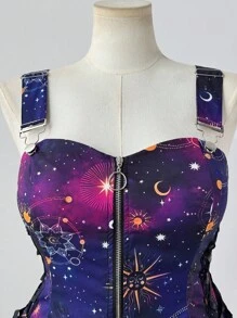 Flirla Váy midi trễ vai in họa tiết bầu trời đầy sao thời trang đa năng mới cho ngày lễ, trang trí eo xếp nếp có khóa kéo phía trước dành cho nữ, trang phục rave - Nhiều màu - Xem 3