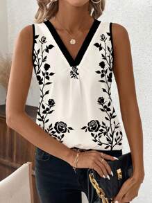 SHEIN Clasi 女士玫瑰印花无袖V领背心，夏季 - 杏色 - 查看 5