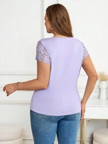SHEIN Clasi Plus Size Casual Solid Color Lace Patchwork Short Sleeve T-Shirt - Mauve Purple - View 2