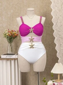 SHEIN Swim Curve Plus Size 1PC Swimsuit, Metallic Accent Minimalist Design, Vacation Beach Outfit For Women For Summer - Multicolor - View 7