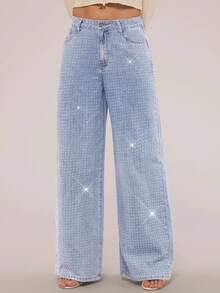 SHEIN Forever 21 复古水洗散钻细节直筒牛仔裤春季中腰牛仔裤节日夏季下装水钻牛仔裤 - 淺藍色 - 查看 4