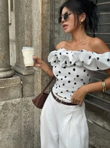 INAWLY Áo nữ thời trang in họa tiết chấm bi một bên vai nhún bèo - trắng - Xem 6
