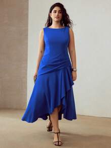 MOTF PREMIUM PLUS SIZE SOLID RUCHED WAIST ASYMMETRICAL RUFFLE HEM DRESS - Blue - View 1