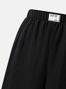 SHEIN Streecool Kids 少女休闲弹力腰阔腿梭织面料长裤，百搭返校季，秋季宽松黑色阔腿裤