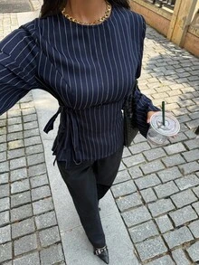 Siren Gaze Damen elegantes Pendler-Slim-Fit-Hemd mit seitlicher Bindung, Langarm-Lässig-Shirt, Rundhals-Langarm-Gestreiftes Oberteil, Pendler-Bürokleidung, elegante Damenblusen, Herbstkleidung für Damen, marineblau gestreiftes Hemd, neue Slim-Fit-Langarm-Bluse für den Ausgang, für den täglichen Gebrauch