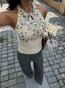 Siren Gaze 系带露背亮片针织上衣，亮片刺绣露背上衣，四季皆宜，Y2K 上衣，秋季女装 - 杏色 - 查看 4