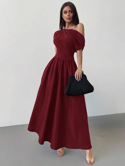 Firerie Women's Summer New Black Asymmetric Shoulder Short Sleeve A-Line Midi Dress, Pleated Front Panel, Asymmetric Shoulder Dress, Pleated A-Line Fitted Midi Dress, Suitable For Concerts, Performances, Dates, Parties, Weddings, Sexy, Elegant, Commuting, Romantic, Summer & Spring,Prom Dress