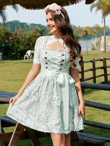 Firerie Vestido verde mini de línea A con cuello cuadrado y decoración de strass, delantal de encaje desmontable con lazada cruzada, elegante para Oktoberfest - Verde - Ver 8