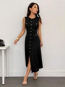 SHEIN PETITE 新款春夏休闲优雅圆领无袖包边装饰金属扣鱼尾裙开襟包臀裙黑色纹理针织面料女长裙-B，商务休闲女装