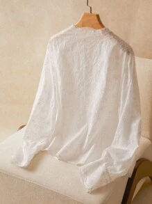 Elaquor 大码女式梭织花卉蕾丝拼布衬衫 - 白色 - 查看 2