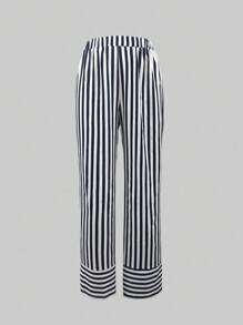 INAWLY Women's Casual Colorblock Striped Straight-Leg Pants - Blue and White - View 1
