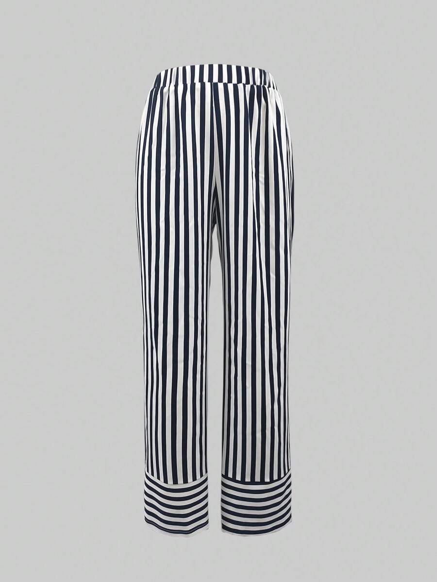 INAWLY Women's Casual Colorblock Striped Straight-Leg Pants - Blue and White - View 1