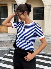 Serisse Striped Pattern Knit Top,Knitted Sweater Summer Casual - Blue and White - View 4