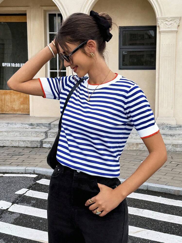 Serisse Tops de Punto A rayas Casual - Azul y blanco - Añade 4
