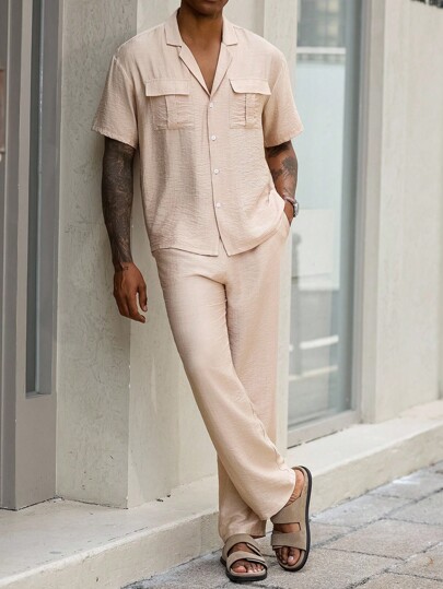 Manfinity Homme Plain Khaki Regular Fit Short Sleeve Shirt And Pants Set With Pocket Detail Cream Men Outfit