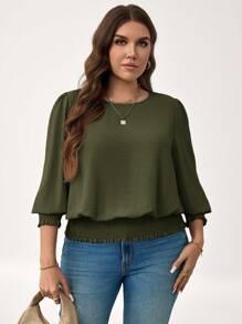 SHEIN LUNE Plus Size Casual Solid Color Lantern Sleeve Blouse, New Years Holiday Green Top,Fall Clothes For Women