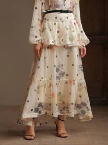 Anewsta 女士波尔卡圆点和花卉印花层叠荷叶边下摆长裙，优雅适合春夏度假 - 杏色 - 查看 5