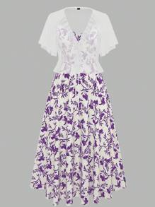 Flirla 大码女式纯色半透明雪纺浪漫荷叶边领带开衫夹克和 V 领细肩带长裙 2 件套，浪漫优雅的女装，适合夏季、户外、室内、休闲、法式休闲、派对 - 紫色 - 查看 4