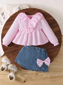女童衬衫套装 2 件套 女童粉色荷叶边衬衫和牛仔裙套装，长袖上衣，不对称下摆，春季时尚装扮 女童格纹裙套装 粉色和蓝色套装 女童两件套牛仔裙套装 女童服装 荷叶边上衣 粉色格纹上衣和牛仔裙套装 - 粉色 - 查看 1