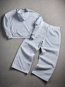 Manfinity EMRG Men's Casual Sports Street Letter Embroidery Half-Button Hoodie Shirt And Loose Wide-Leg Sweatpants Set - Light Grey - View 3