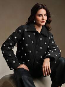 Anewsta 女式短款修身优雅厚重铆钉领黑色冬季外套 - 黑色 - 查看 10