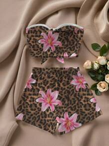SHEIN EZwear 2pcs Women's Vacation Beach Leopard Floral Print Bandeau Top And Shorts Set Suitable For Going Out - Multicolor - View 2