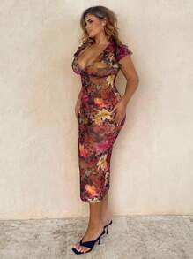 SHEIN BAE 大码女式优雅大号花卉网眼印花紧身 V 领连衣裙，长款，合身，修饰手臂，适合日常、郊游、约会、下午茶、度假、春夏季、返校季女士连衣裙优雅女士正装、女士生日连衣裙 - 彩色 - 查看 5