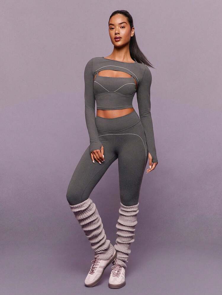 FeatherFit™ All Day Glow Soft Stretchy Sweat-Wicking Contrasting Dotted Line Thumbhole Long-Sleeve Bolero Shrug Low-Impact Yoga Pilates Studio Gym Daily Active