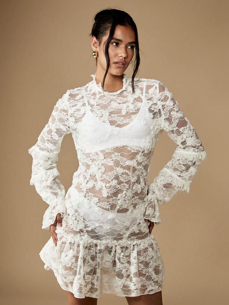 MISSGUIDED Abito mini con volant e pizzo, manica lunga, stile vittoriano, adatto per ricevimento di nozze, luna di miele, festa serale, occasioni speciali, damigella d'onore