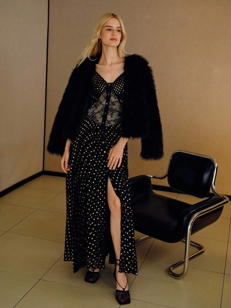 GOLD POLKA DOT PRINT SHEER LACE INSERT SLIP LONG DRESS