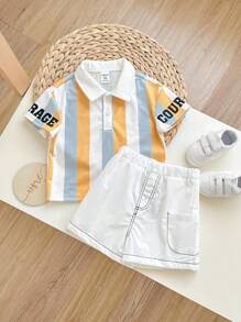 Baby Boy Colorful Striped Collared Short Sleeve Half-Opened Jumpsuit With Side Pockets Casual Shorts Two-Piece Set - Multicolor - View 3
